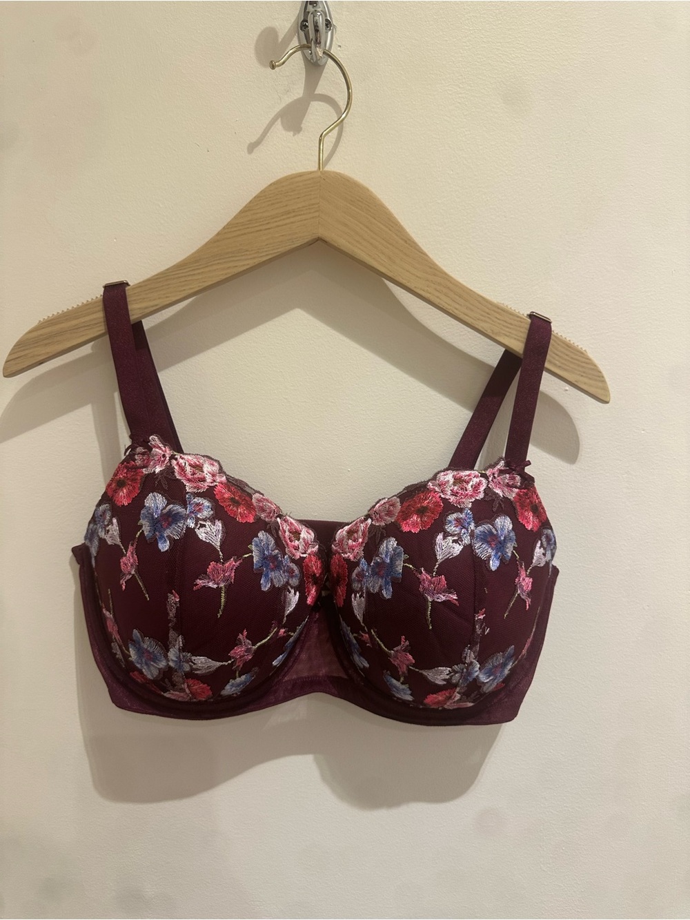 Embroidered Floral Underwire Bra Deep Wine